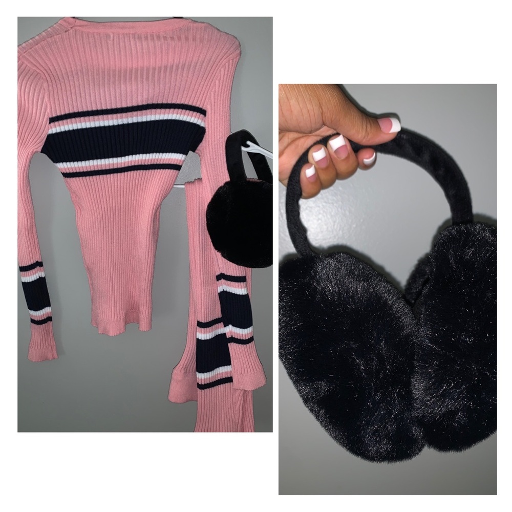 💕Pink and Black Sweater with pants set with earmuffs